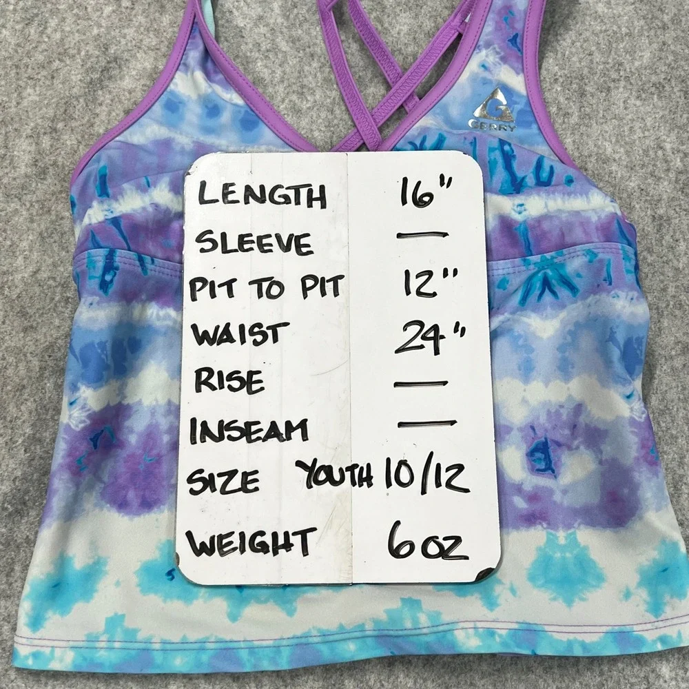 Gerry Girls Purple Blue Tie Dye Tankini Swim Top Strappy Back Youth Size M 10/12